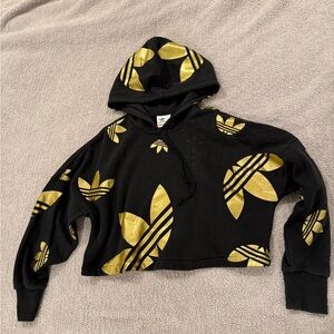 adidas Black Cropped Hoodie with Metallic Gold Trefoil Accents
